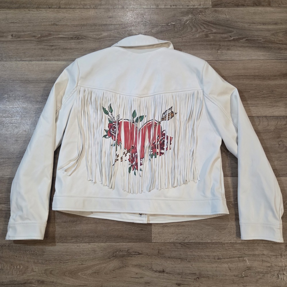 White Heart Theme Faux Leather Fringe Jacket Gift G by Giuliana Tassel Rodeo